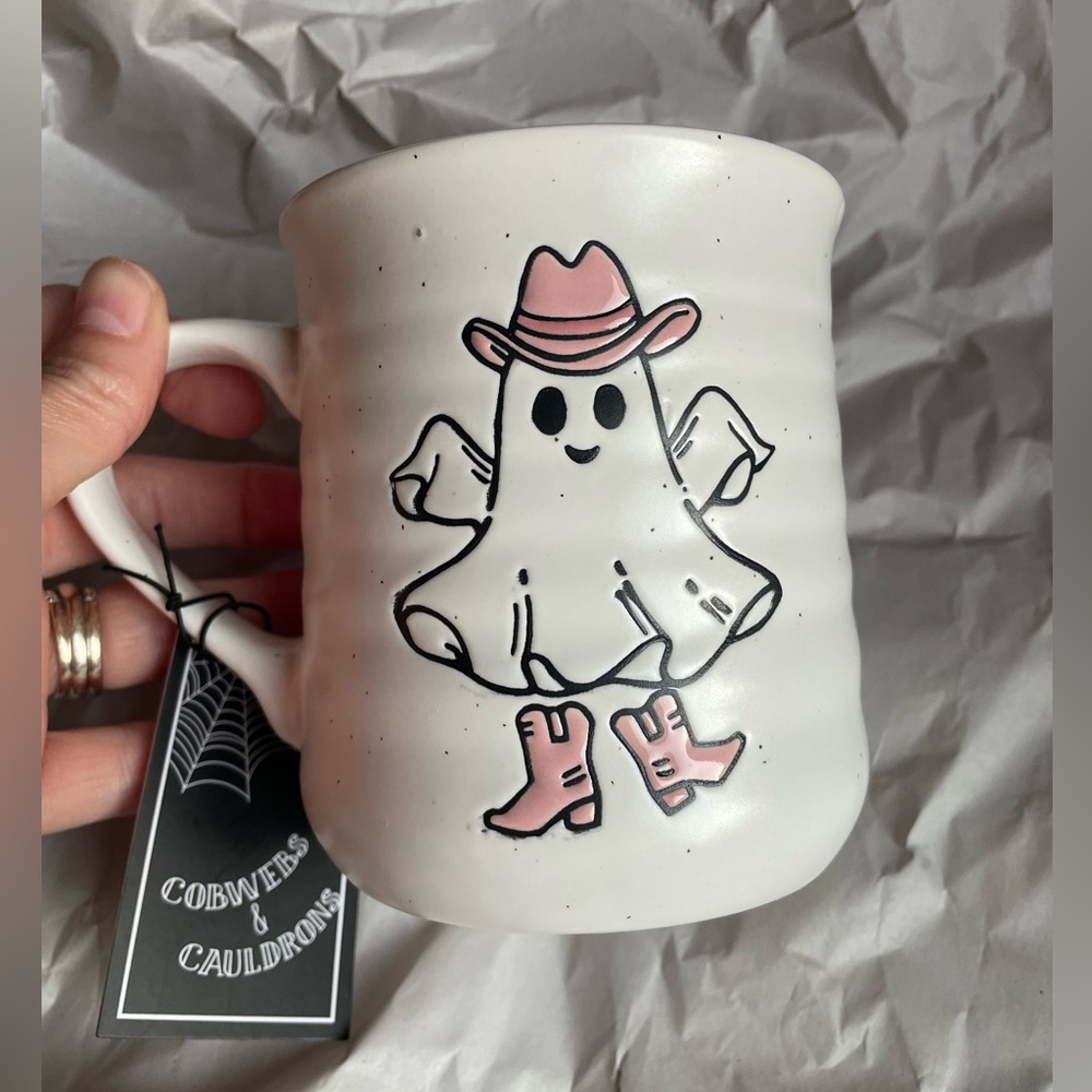 NWT Cobwebs & Cauldrons Pink Ghost Cowgirl Coffee Mug